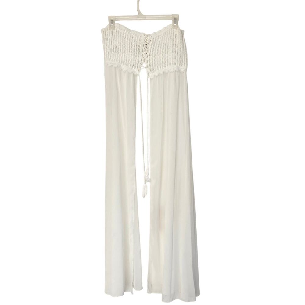 White Crochet Sheer Maxi Duster Dress Corset Lace‑Up Front Swim Cover‑Up Size L